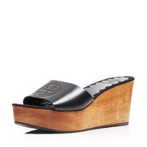 Tory Burch Patty Black Leather Wedge Slides.